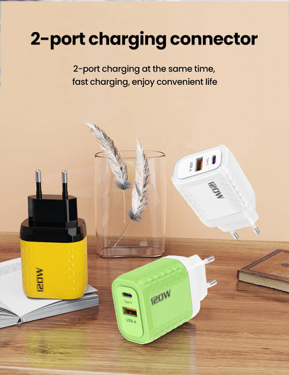 2 Ports 120W Fast Charging USB Type C Charger PD QC 3.0 USB C Charger EU/US/UK Plug Adapter For iphone Xiaomi Huawei Samsung