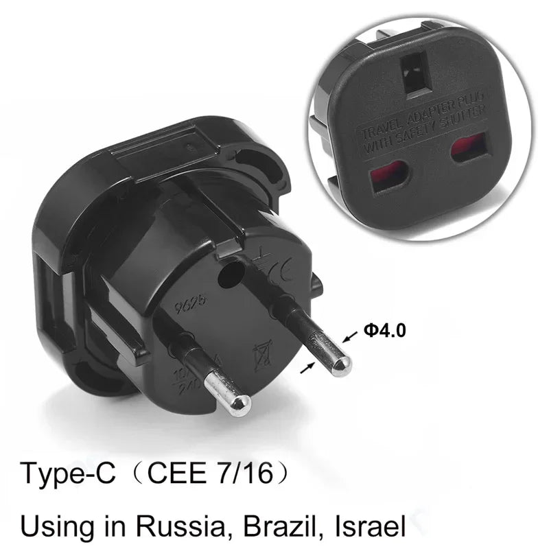 EU Power Plug Adapter UK To EU Travel Adapter Type C 4.0mm European Universal Socket Adaptor AC Outlet Electrical Plug Converter