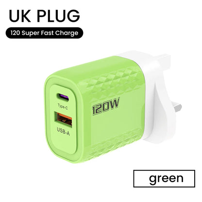 2 Ports 120W Fast Charging USB Type C Charger PD QC 3.0 USB C Charger EU/US/UK Plug Adapter For iphone Xiaomi Huawei Samsung