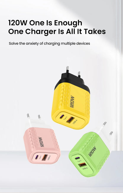 2 Ports 120W Fast Charging USB Type C Charger PD QC 3.0 USB C Charger EU/US/UK Plug Adapter For iphone Xiaomi Huawei Samsung