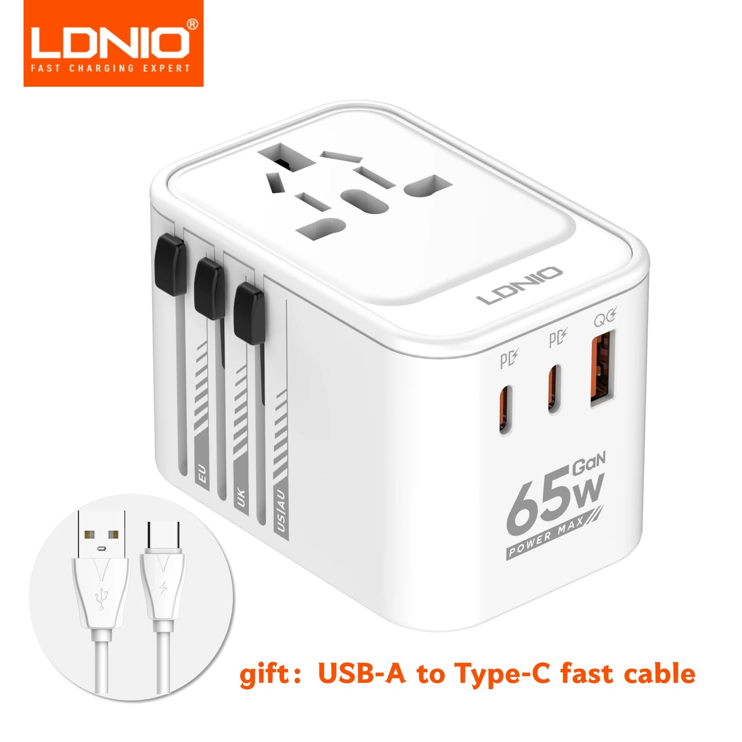 LDNIO 45W 65W GaN Universal Travel Adapter International Plug Adaptor with 3 USB Charging Ports Worldwide Power Outlet  US UK EU