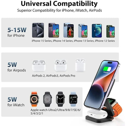 3 in 1 Wireless Charger Stand Magnetic Foldable Wireless Charging Station for iPhone 15 14 13 12 Pro Max Apple Watch 8 9 Charger