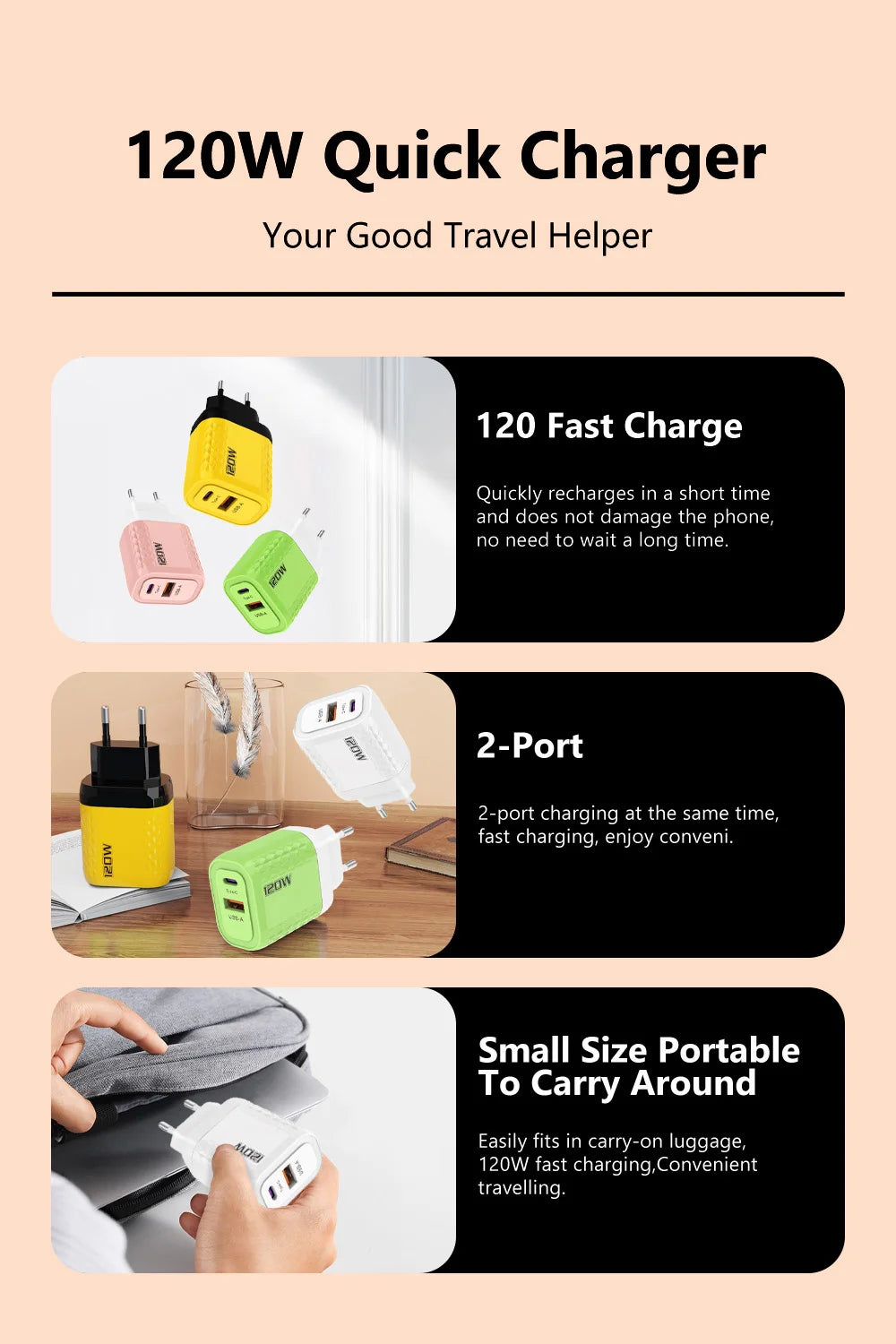 2 Ports 120W Fast Charging USB Type C Charger PD QC 3.0 USB C Charger EU/US/UK Plug Adapter For iphone Xiaomi Huawei Samsung