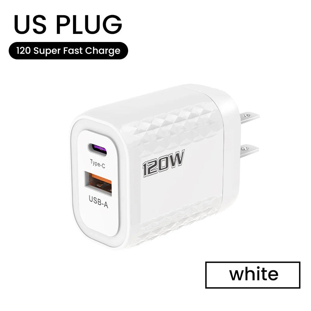 2 Ports 120W Fast Charging USB Type C Charger PD QC 3.0 USB C Charger EU/US/UK Plug Adapter For iphone Xiaomi Huawei Samsung