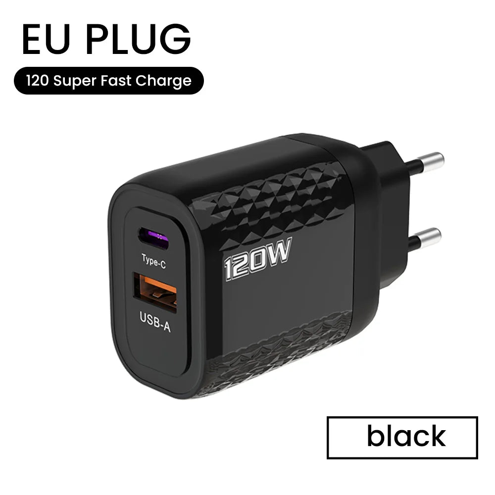 2 Ports 120W Fast Charging USB Type C Charger PD QC 3.0 USB C Charger EU/US/UK Plug Adapter For iphone Xiaomi Huawei Samsung