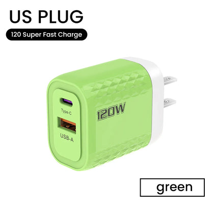 2 Ports 120W Fast Charging USB Type C Charger PD QC 3.0 USB C Charger EU/US/UK Plug Adapter For iphone Xiaomi Huawei Samsung