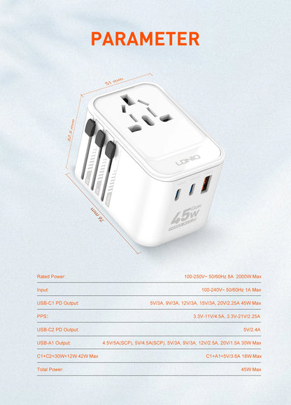 LDNIO 45W 65W GaN Universal Travel Adapter International Plug Adaptor with 3 USB Charging Ports Worldwide Power Outlet  US UK EU