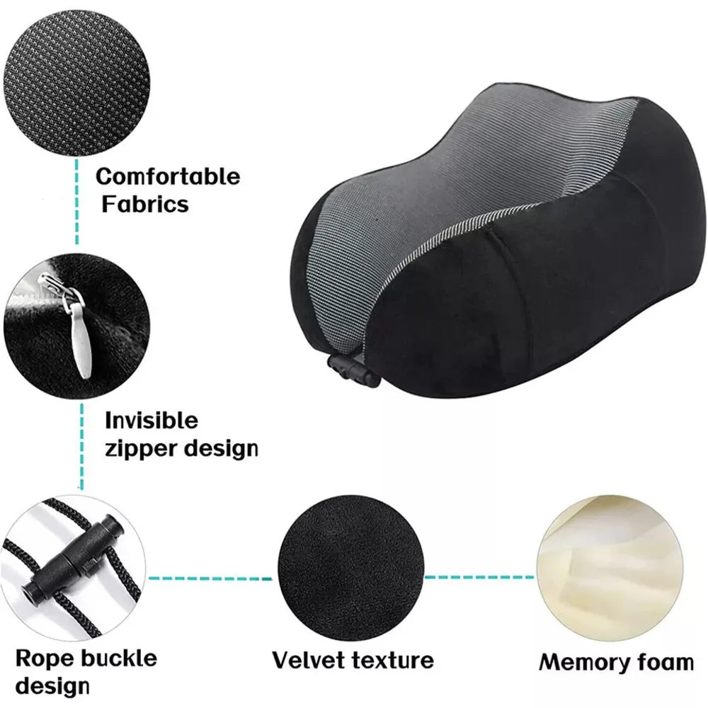 Memory Foam U-shaped Pillow Travel Neck Support Portable Black Soft Sleeping Pillow