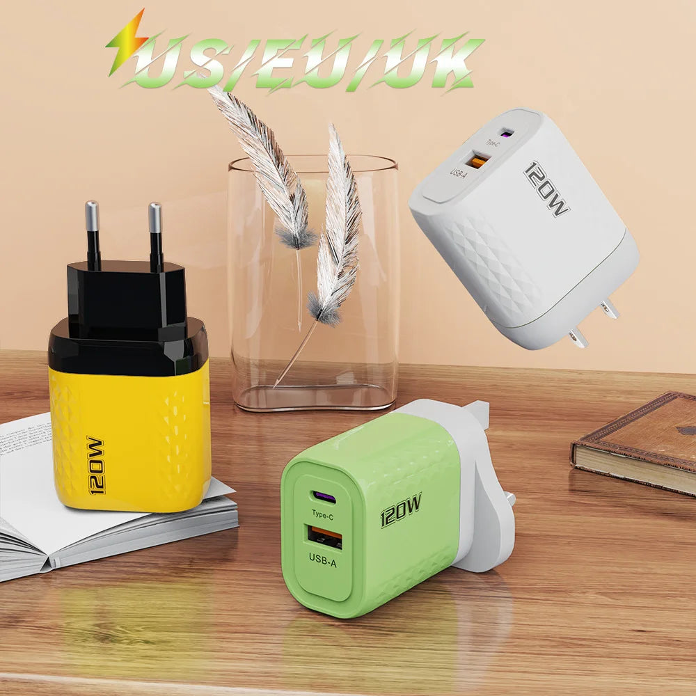 2 Ports 120W Fast Charging USB Type C Charger PD QC 3.0 USB C Charger EU/US/UK Plug Adapter For iphone Xiaomi Huawei Samsung