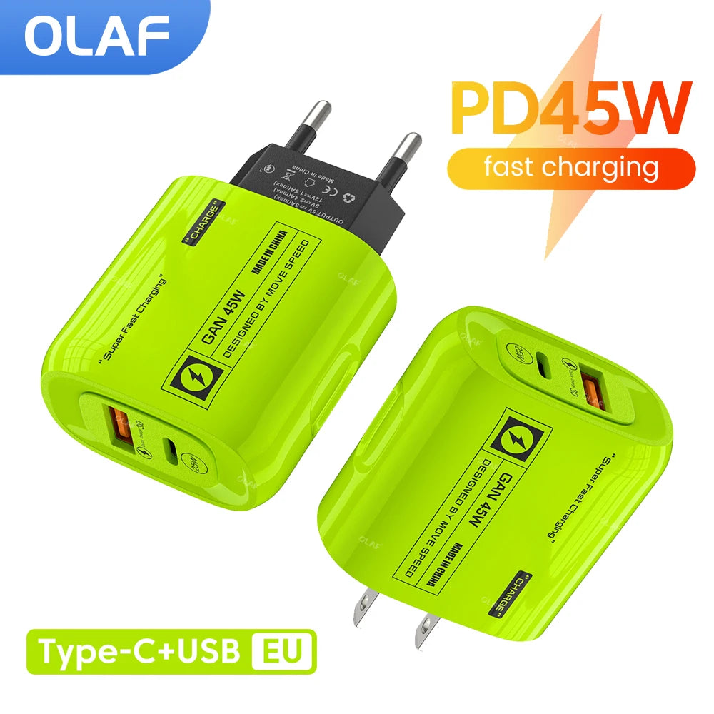 45W USB Type C Charger GAN Fast Charging PD QC3.0 Travel Charger EU/US/UK Plug Adapter for iPhone 15 Samsung Huawei Xiaomi