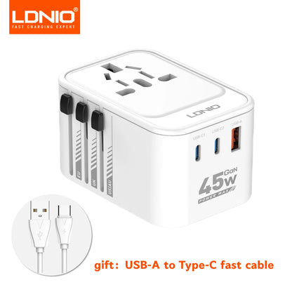 LDNIO 45W 65W GaN Universal Travel Adapter International Plug Adaptor with 3 USB Charging Ports Worldwide Power Outlet  US UK EU