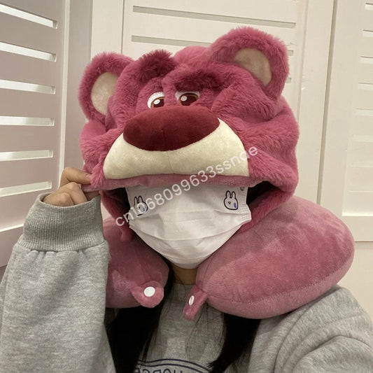 Lovely Lotso Travel Blackout Neck Pillow Strawberry Bear Kawaii Japanese Style Hooded U-shaped Neck Pillow Lolita Girl Gifts