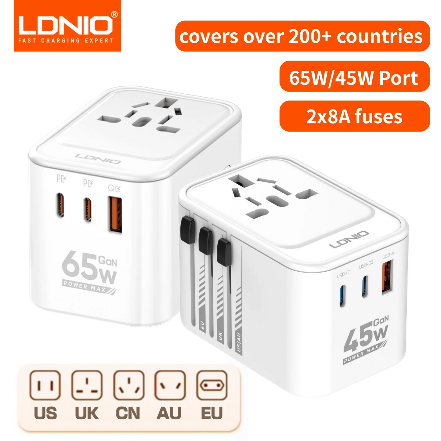 LDNIO 45W 65W GaN Universal Travel Adapter International Plug Adaptor with 3 USB Charging Ports Worldwide Power Outlet  US UK EU