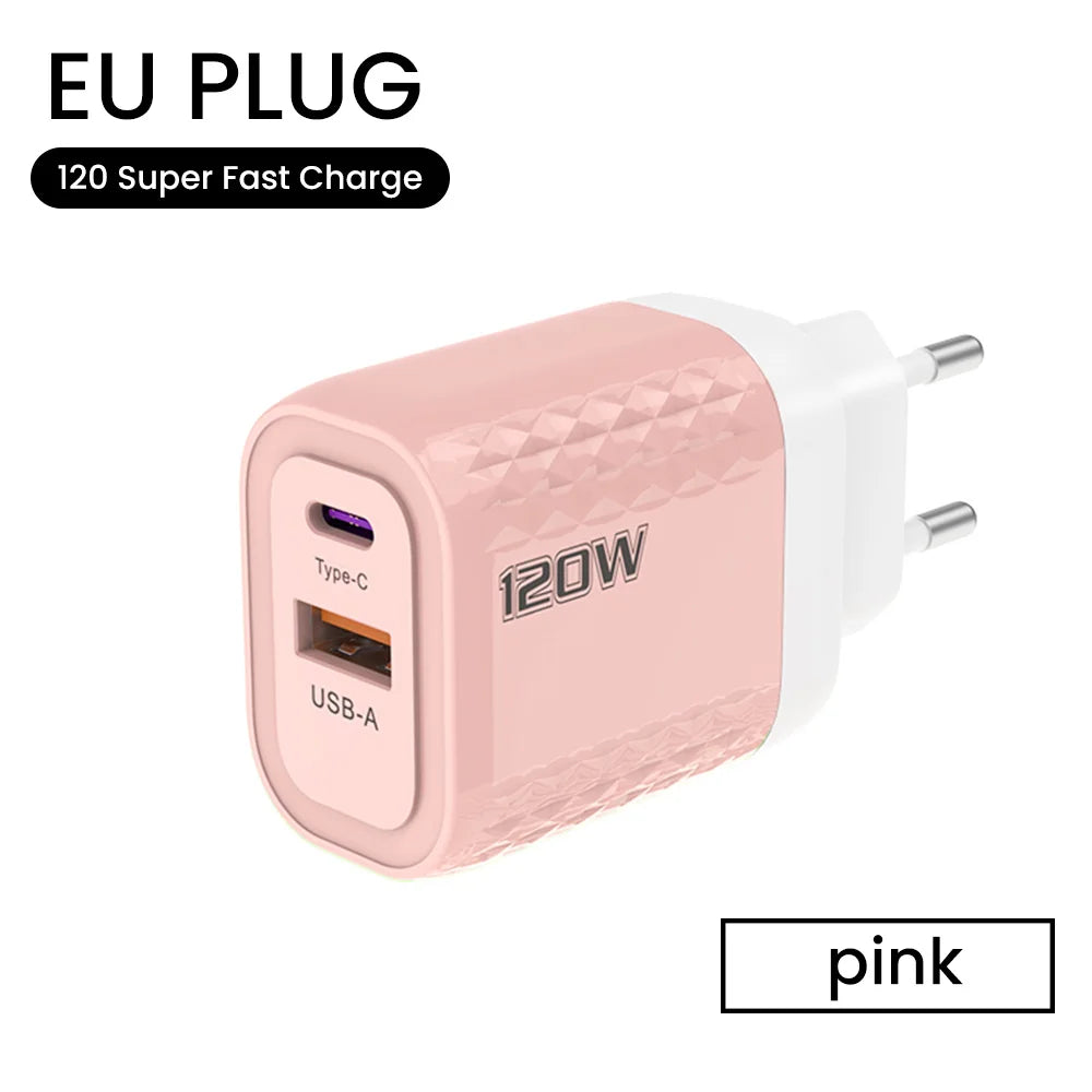 2 Ports 120W Fast Charging USB Type C Charger PD QC 3.0 USB C Charger EU/US/UK Plug Adapter For iphone Xiaomi Huawei Samsung