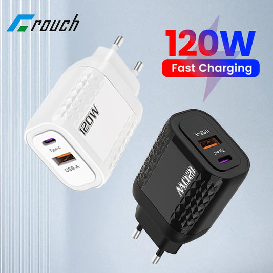 2 Ports 120W Fast Charging USB Type C Charger PD QC 3.0 USB C Charger EU/US/UK Plug Adapter For iphone Xiaomi Huawei Samsung