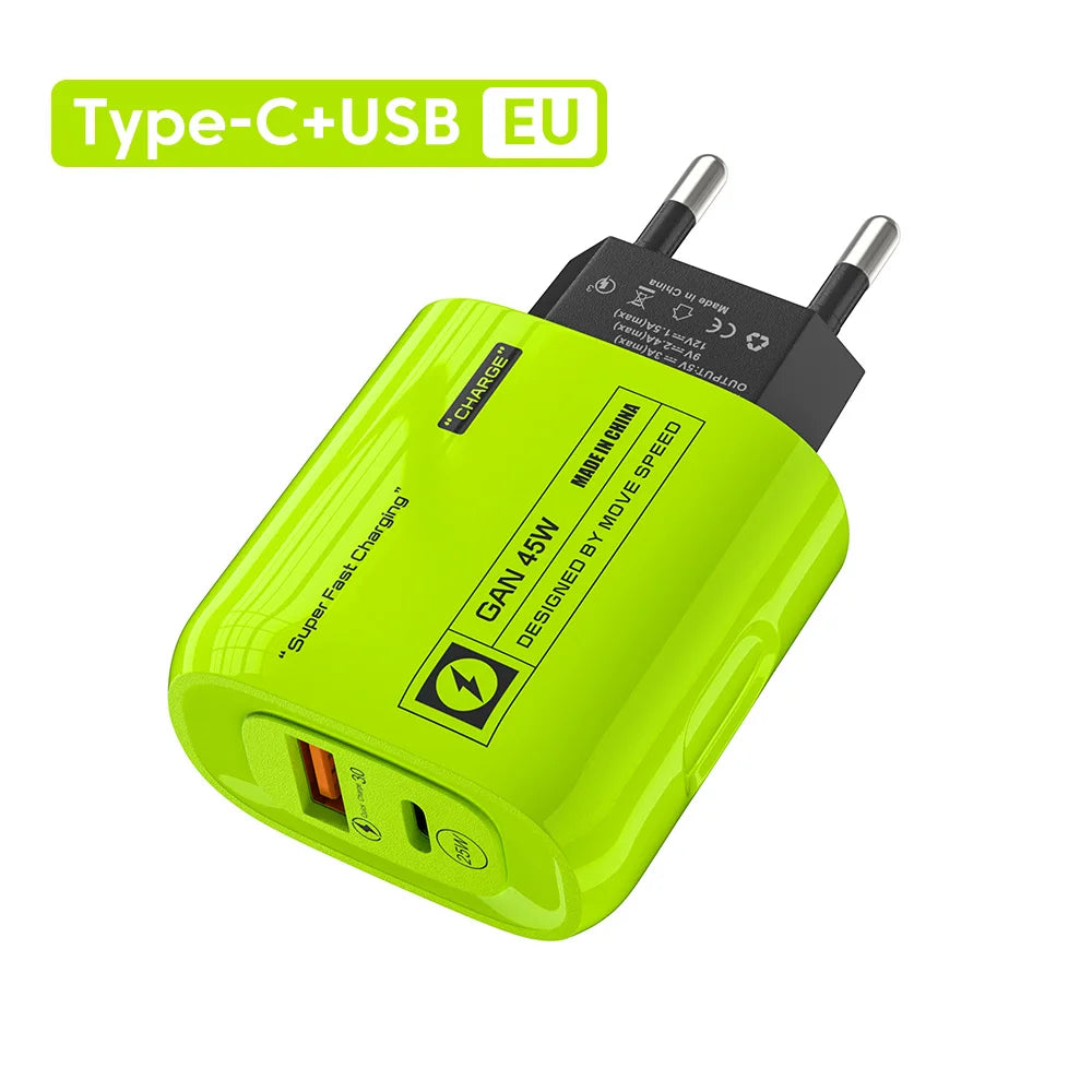 45W USB Type C Charger GAN Fast Charging PD QC3.0 Travel Charger EU/US/UK Plug Adapter for iPhone 15 Samsung Huawei Xiaomi