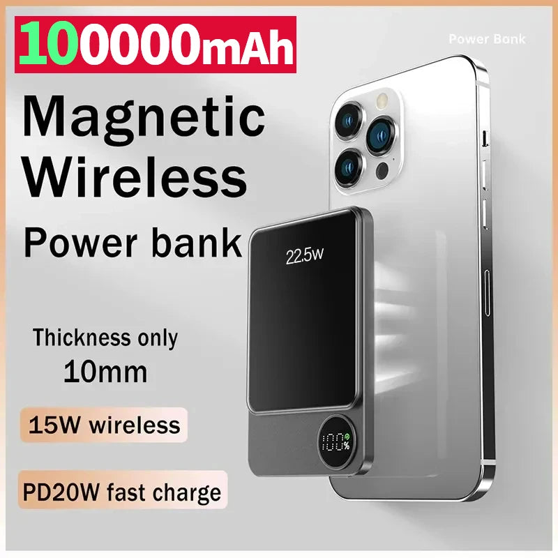 Wireless Power Bank Magnetic 100000mAh Portable Powerbank Type C Fast Charger For iPhone Xiaomi Samsung All Magsafe Series Phone