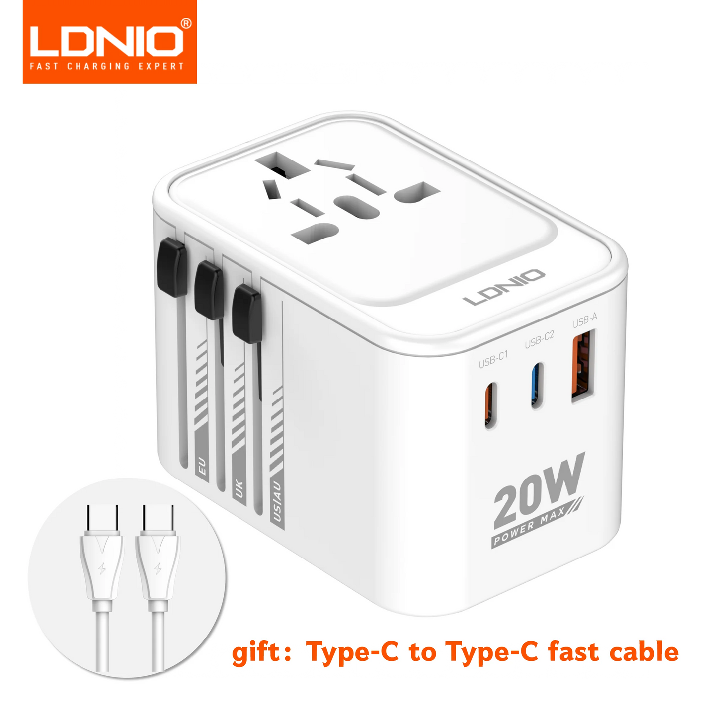 LDNIO 45W 65W GaN Universal Travel Adapter International Plug Adaptor with 3 USB Charging Ports Worldwide Power Outlet  US UK EU