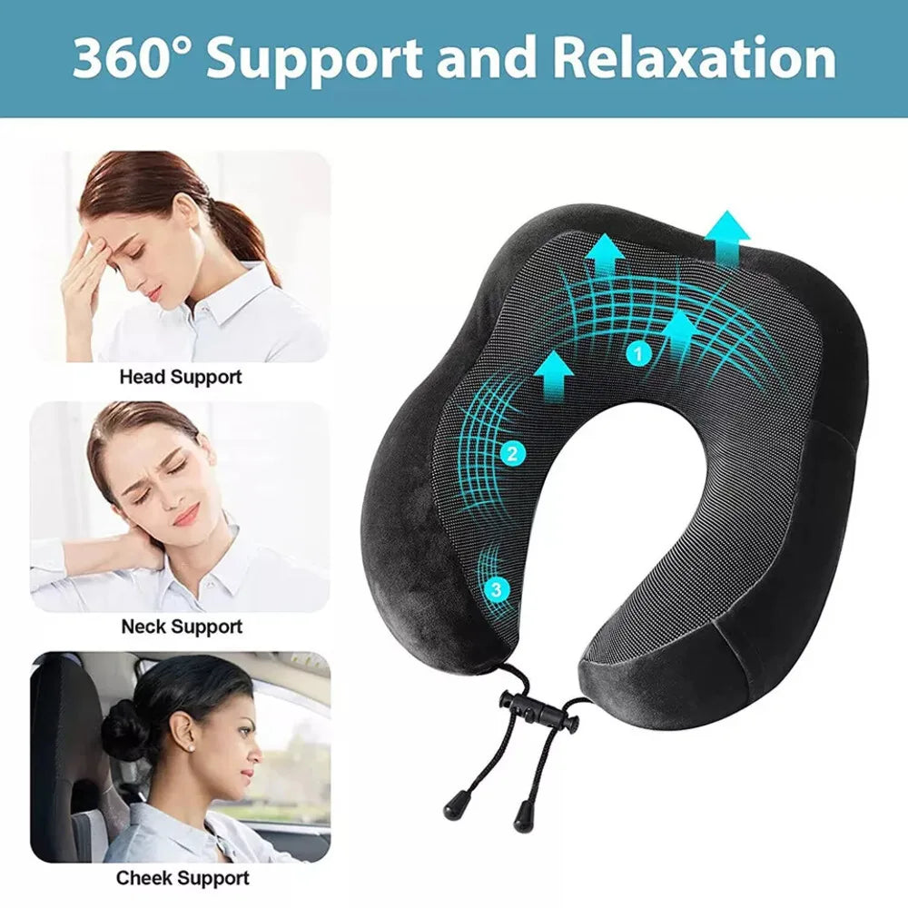 Memory Foam U-shaped Pillow Travel Neck Support Portable Black Soft Sleeping Pillow