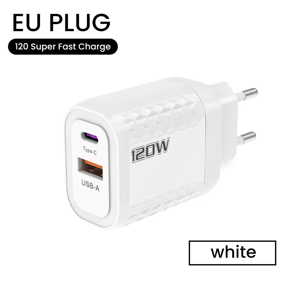 2 Ports 120W Fast Charging USB Type C Charger PD QC 3.0 USB C Charger EU/US/UK Plug Adapter For iphone Xiaomi Huawei Samsung