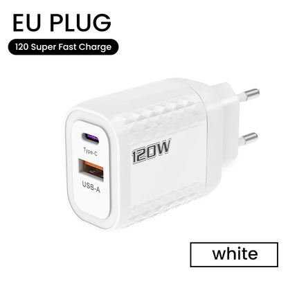 2 Ports 120W Fast Charging USB Type C Charger PD QC 3.0 USB C Charger EU/US/UK Plug Adapter For iphone Xiaomi Huawei Samsung