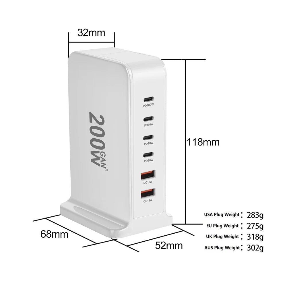 200W 168W Desktop GaN Quick PD Charger 6 Ports USB Type C USA EU AUS UK Plug Adapter Mobile Phone Laptop PC Charging Dock Stand