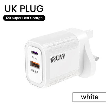 2 Ports 120W Fast Charging USB Type C Charger PD QC 3.0 USB C Charger EU/US/UK Plug Adapter For iphone Xiaomi Huawei Samsung