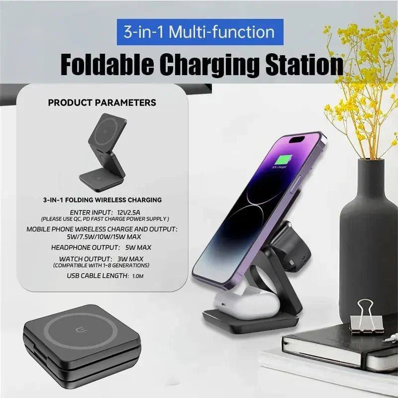 3 in 1 Wireless Charger Stand Magnetic Foldable Wireless Charging Station for iPhone 15 14 13 12 Pro Max Apple Watch 8 9 Charger