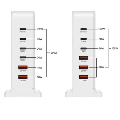 200W 168W Desktop GaN Quick PD Charger 6 Ports USB Type C USA EU AUS UK Plug Adapter Mobile Phone Laptop PC Charging Dock Stand