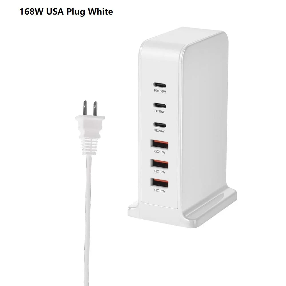 200W 168W Desktop GaN Quick PD Charger 6 Ports USB Type C USA EU AUS UK Plug Adapter Mobile Phone Laptop PC Charging Dock Stand