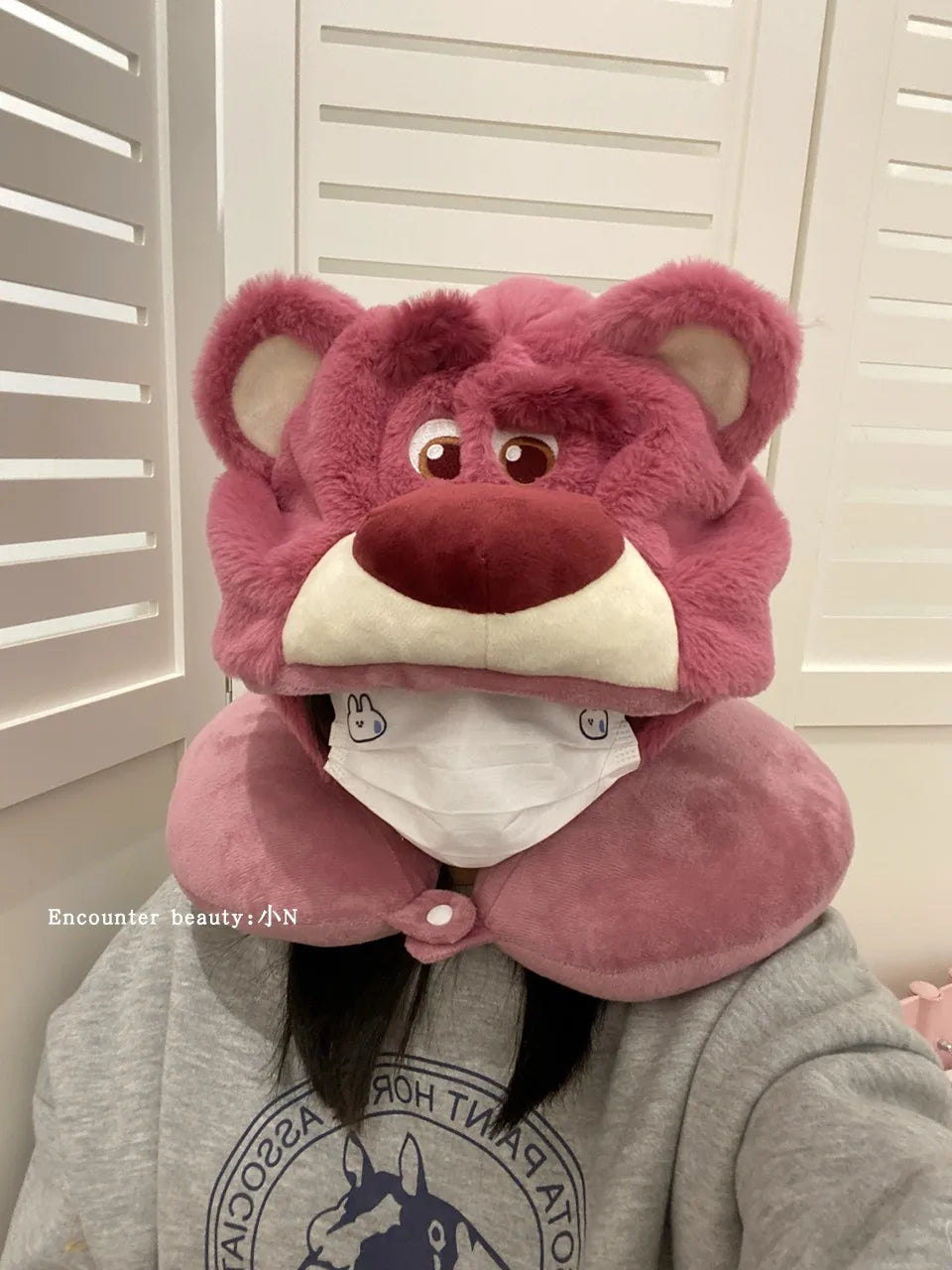 Lovely Lotso Travel Blackout Neck Pillow Strawberry Bear Kawaii Japanese Style Hooded U-shaped Neck Pillow Lolita Girl Gifts