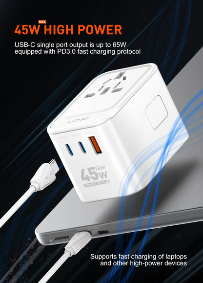 LDNIO 45W 65W GaN Universal Travel Adapter International Plug Adaptor with 3 USB Charging Ports Worldwide Power Outlet  US UK EU