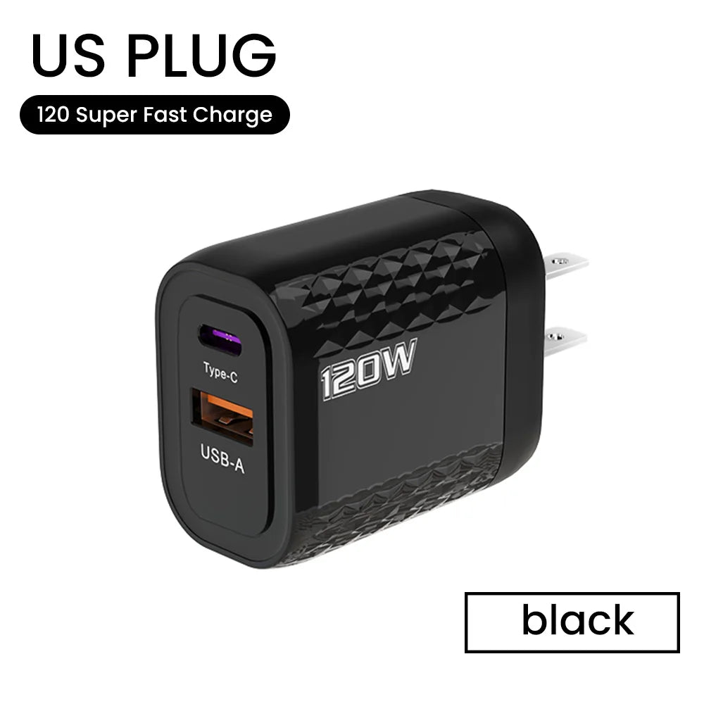 2 Ports 120W Fast Charging USB Type C Charger PD QC 3.0 USB C Charger EU/US/UK Plug Adapter For iphone Xiaomi Huawei Samsung