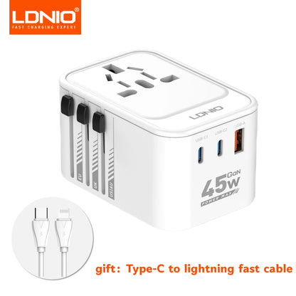 LDNIO 45W 65W GaN Universal Travel Adapter International Plug Adaptor with 3 USB Charging Ports Worldwide Power Outlet  US UK EU