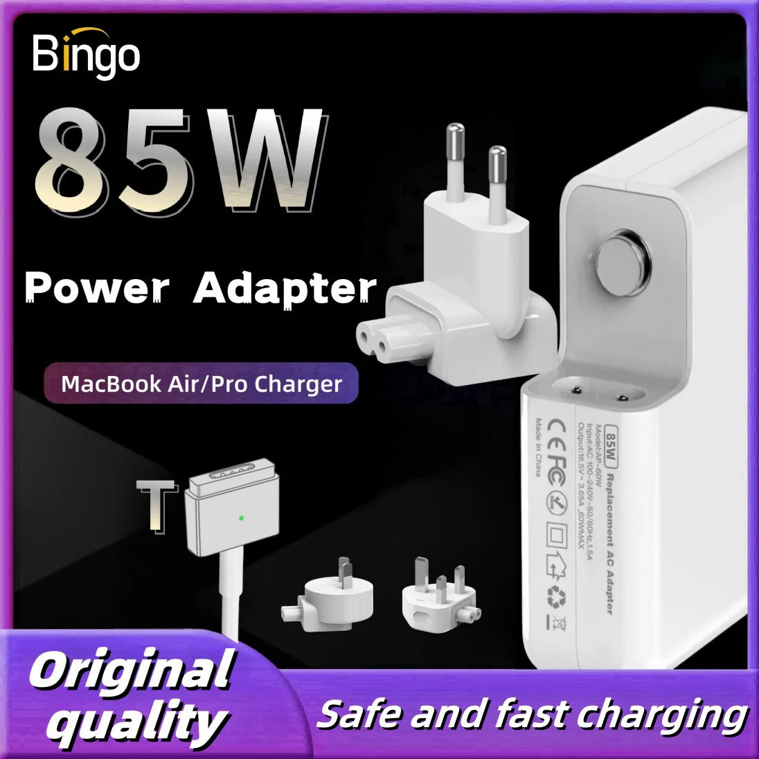 85W Magsafe 2 T Magnetic Charging Power Adapter for MacBook Air / Pro Series：A1398，A1424 ，Safe & Fast Charger Power Adapter